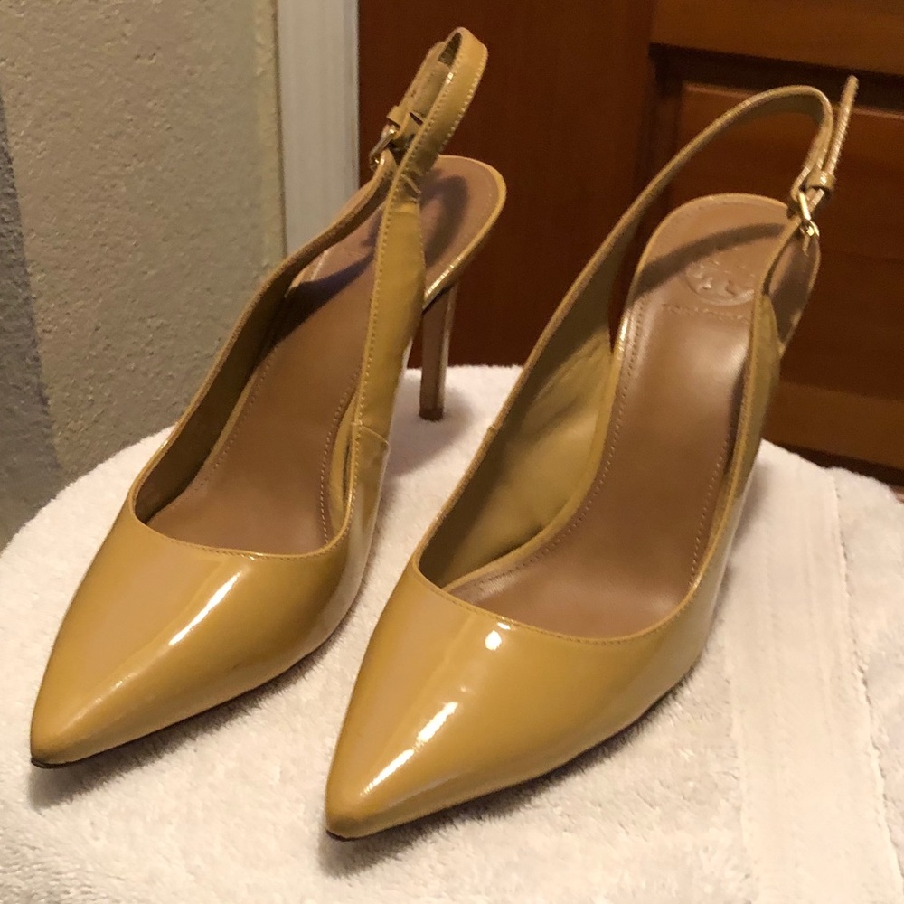 Tory Burch patent leather sling back pumps